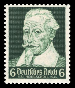 Németországban kiadott bélyeg Heinrich Schütz születésének 350. évfordulója alkalmából, 1935-ben