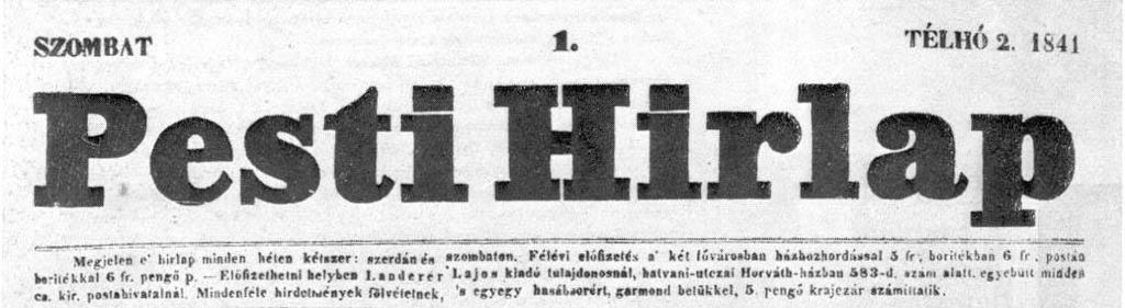 1841. január 2-án jelent meg a Pesti Hírlap első száma