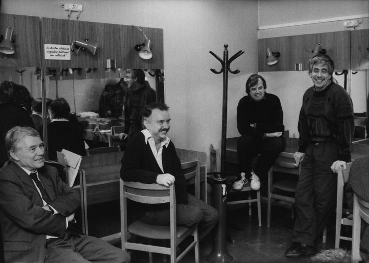  Kaposy Miklós, Farkasházy Tivadar, Sinkó Péter és Déri János 1974-ben, a Rádiókabaré felvétele előtt